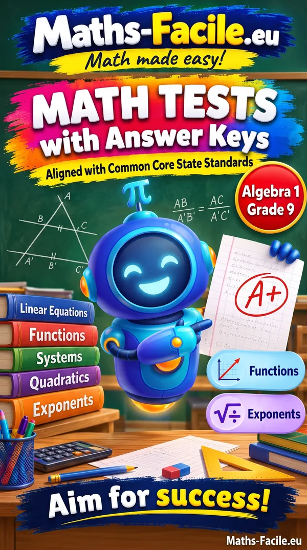 Book cover: Grade 9 – Algebra 1 Math Tests with Answer Keys