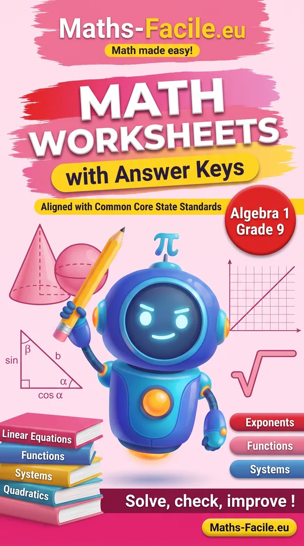 Book cover: Grade 9 – Algebra 1 Math Worksheets with Answer Keys