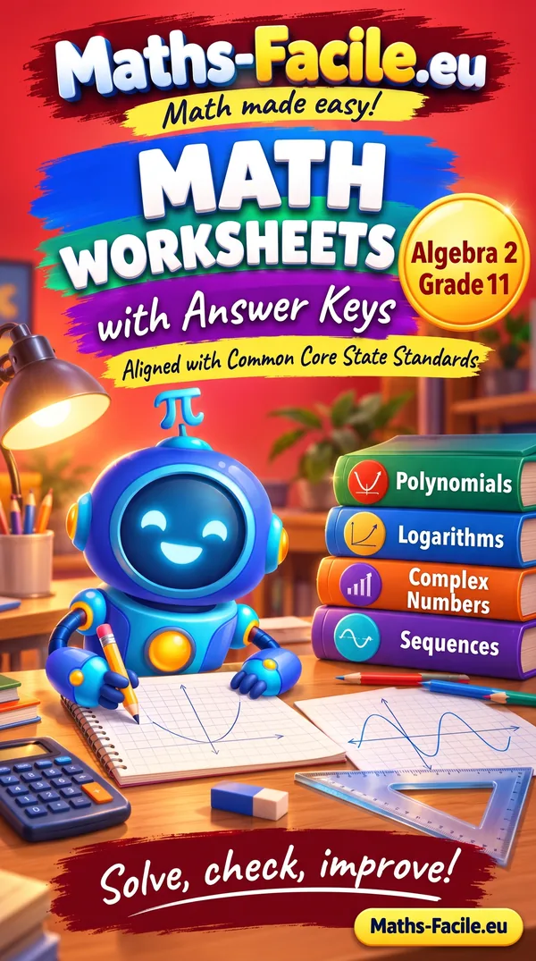 Book cover: Grade 11 – Algebra 2 Math Worksheets with Answer Keys
