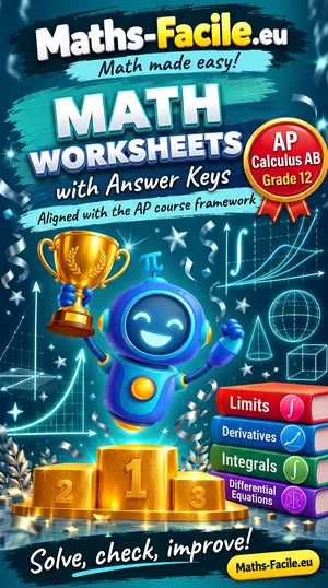 Book cover: Grade 12 – AP Calculus AB Math Worksheets with Answer Keys