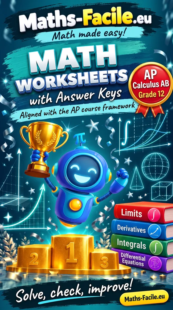 Book cover: Grade 12 – AP Calculus AB Math Worksheets with Answer Keys