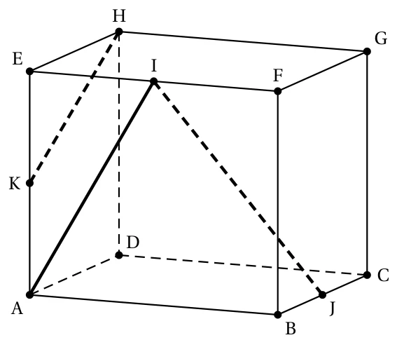 Cube ABCDEFGH avec le point I milieu de EF, le point J milieu de BC et le point K milieu de AE ; les segments AI, IJ et KH sont tracés