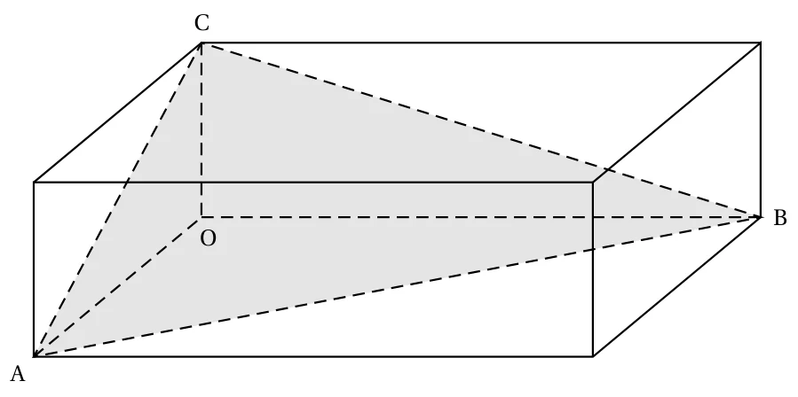 Parallélépipède rectangle dessiné en perspective, de sommet O à l'origine, avec les points A, B et C sur les trois arêtes issues de O ; le triangle ABC est grisé