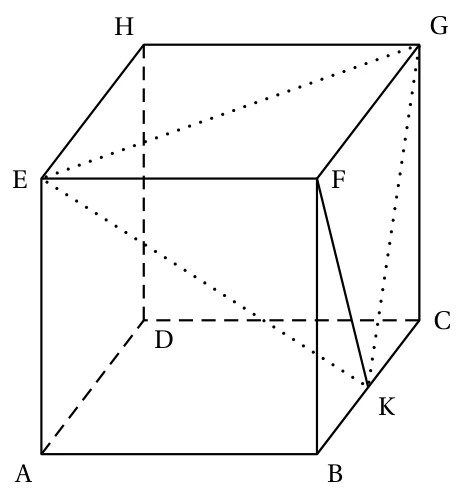 Cube ABCDEFGH en perspective, avec le milieu K de l'arête BC et le tétraèdre EFGK dessiné en pointillés