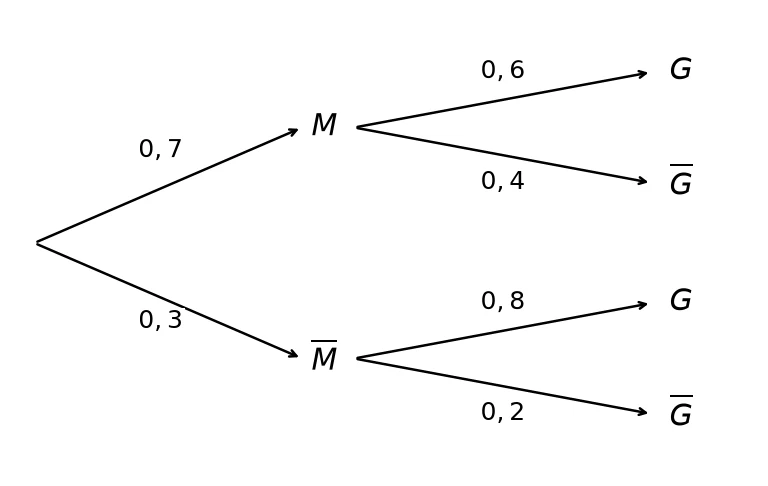 Arbre pondéré complété : M 0,7 avec G 0,6 et G barre 0,4 ; M barre 0,3 avec G 0,8 et G barre 0,2
