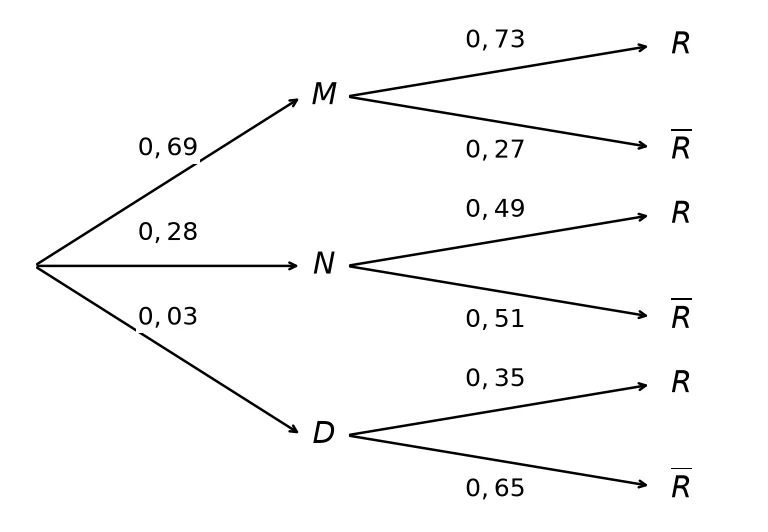 Arbre pondéré complété : M 0,69 avec R 0,73 et R barre 0,27 ; N 0,28 avec R 0,49 et R barre 0,51 ; D 0,03 avec R 0,35 et R barre 0,65