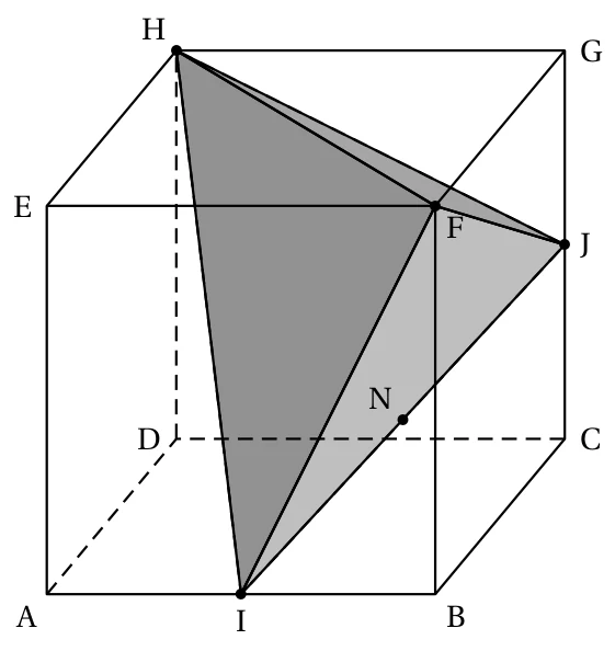 Cube ABCDEFGH en perspective, avec les points I milieu de [AB], J milieu de [CG], N milieu de [IJ] et le tétraèdre HFIJ grisé