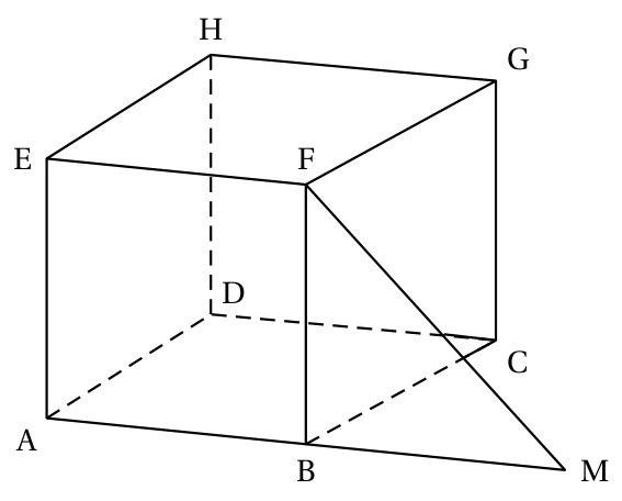 Cube ABCDEFGH en perspective, avec le point M situé dans le prolongement de l'arête AB au-delà de B, et le segment FM tracé