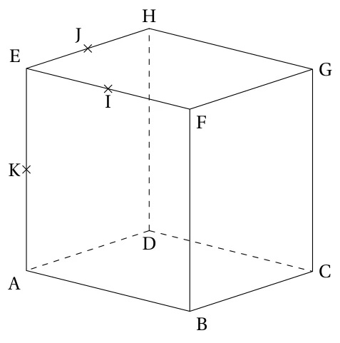 Cube ABCDEFGH en perspective, avec ABCD en bas, EFGH en haut, I milieu de l'arête EF, J milieu de l'arête EH et K milieu de l'arête AE