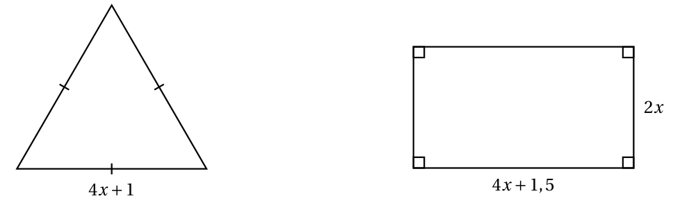 À gauche, un triangle équilatéral de côté 4x + 1 ; à droite, un rectangle de longueur 4x + 1,5 et de largeur 2x