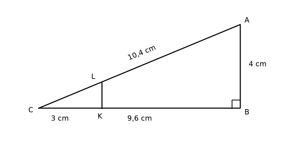 Triangle ABC rectangle en B avec AB = 4 cm, BC = 9,6 cm, AC = 10,4 cm, le point K sur [BC] à 3 cm de C et le point L sur [AC] tel que (KL) est parallèle à (AB)