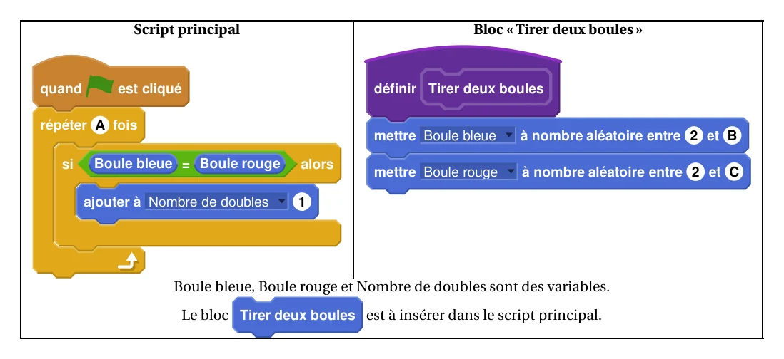 Script principal : quand le drapeau vert est cliqué, répéter A fois, si Boule bleue = Boule rouge alors ajouter 1 à Nombre de doubles. Bloc Tirer deux boules : mettre Boule bleue à un nombre aléatoire entre 2 et B, mettre Boule rouge à un nombre aléatoire entre 2 et C. Boule bleue, Boule rouge et Nombre de doubles sont des variables ; le bloc Tirer deux boules est à insérer dans le script principal