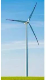Photographie d'une éolienne à trois pales dans un champ, sous un ciel bleu