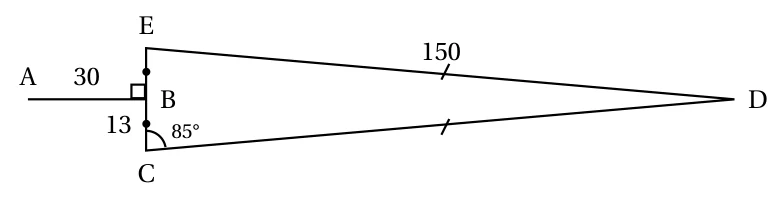 Pale d'éolienne : segment [AB] de longueur 30 perpendiculaire à [EC] en B, B milieu de [EC] avec BC = 13, triangle DEC isocèle en D avec DE = DC = 150 et angle ECD de 85 degrés