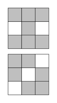 Deux motifs 3 par 3. Premier motif (question 2) : toutes les cases sont noires sauf la case médiane à gauche et la case médiane à droite, qui sont blanches. Second motif (question 3) : toutes les cases sont noires sauf les trois cases de la diagonale allant du bas à gauche au haut à droite, qui sont blanches