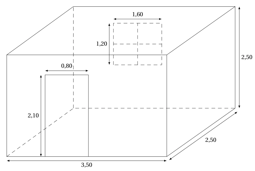 Schéma d'une salle de bain en forme de parallélépipède rectangle : longueur 3,50 m, profondeur 2,50 m, hauteur 2,50 m ; une porte de 0,80 m de large et 2,10 m de haut sur le mur de face ; une fenêtre de 1,60 m de large et 1,20 m de haut sur le mur du fond