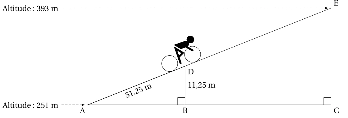 Schéma de la montée : triangle ACE rectangle en C, point D sur [AE] avec B sur [AC] tel que DB est perpendiculaire à AC, AD = 51,25 m, DB = 11,25 m, altitude de A 251 m et de E 393 m, une cycliste en D