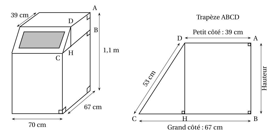 À gauche, le composteur : un pavé droit de 70 cm de large surmonté d'un prisme droit, profondeur 67 cm, hauteur totale 1,1 m, couvercle de 39 cm. À droite, la base du prisme, le trapèze ABCD rectangle en A et en B, avec DA = 39 cm (petit côté), CB = 67 cm (grand côté), CD = 53 cm, H pied de la hauteur issue de D sur [CB]
