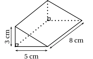 Prisme droit dont la base est un triangle rectangle de côtés 3 cm et 5 cm (angle droit entre eux) et dont la longueur du prisme est de 8 cm