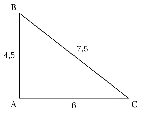 Triangle ABC avec AB = 4,5, AC = 6 et BC = 7,5, l'angle en A semblant droit