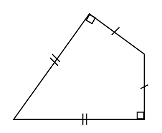 Quadrilatère à deux angles droits : deux côtés adjacents codés d'un trait, les deux autres côtés codés de deux traits, angles droits en bas à droite et en haut