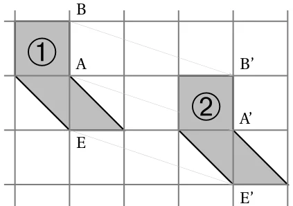 Quadrillage avec la figure 1 en haut à gauche et la figure 2 en bas à droite, deux copies d'une même forme grise formée d'un carré et d'un parallélogramme ; les points A, B, E de la figure 1 correspondent aux points A', B', E' de la figure 2