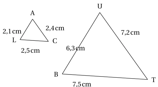 Deux triangles semblables : LAC avec LA = 2,1 cm, AC = 2,4 cm et LC = 2,5 cm, et BUT avec UB = 6,3 cm, UT = 7,2 cm et BT = 7,5 cm