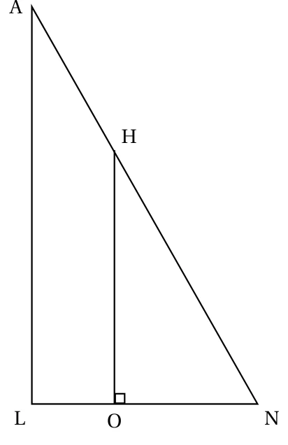 Triangle LNA avec L en bas à gauche, N en bas à droite et A au-dessus de L ; le point O est sur [LN], le point H sur [NA], et le segment [OH] est perpendiculaire à [LN]