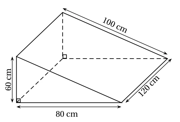 Prisme droit dont la base est un triangle rectangle de côtés 60 cm et 80 cm, avec une arête de 100 cm sur le triangle du dessus et une longueur de prisme de 120 cm