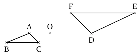 Petit triangle ABC à gauche du point O et grand triangle DEF à droite de O, tourné dans l'autre sens, avec F et E en haut et D en bas