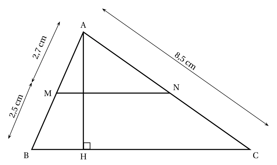 Triangle ABC avec la hauteur [AH] (angle droit en H), le point M sur [AB] et le point N sur [AC] tels que (MN) est horizontale ; AM = 2,7 cm, MB = 2,5 cm, AC = 8,5 cm et BH = 2 cm