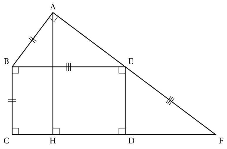 Rectangle BCDE surmonté du triangle ABE rectangle en A, avec AB = BC, EB = EF, la hauteur AH perpendiculaire à (CD) en H et la droite (AE) qui coupe (CD) en F
