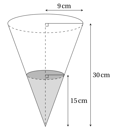 Chapeau en forme de cône de rayon 9 cm et de hauteur 30 cm, retourné pointe en bas, avec un petit cône grisé de hauteur 15 cm à la pointe