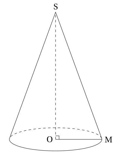 Cône de sommet S, de centre de base O et de rayon OM, avec l'angle droit en O