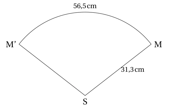 Patron du chapeau : secteur circulaire de centre S et de rayon SM = 31,3 cm, limité par l'arc M'M de longueur 56,5 cm