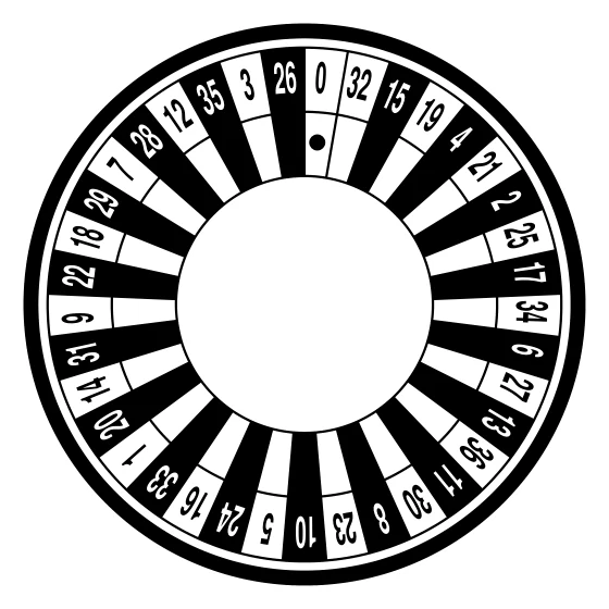 Roue de roulette de casino numérotée de 0 à 36, avec des cases noires et des cases blanches autour d'un disque central