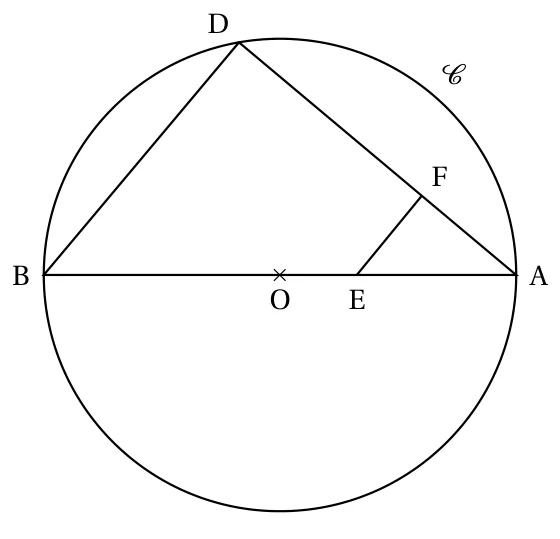 Cercle de centre O et de diamètre [AB] horizontal, point D sur le cercle, triangle ABD, point E sur [AB] et point F sur [AD] avec le segment [EF]