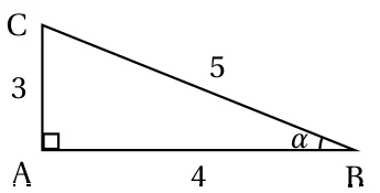 Triangle ABC rectangle en A avec AC = 3, AB = 4, BC = 5 et l'angle alpha en B