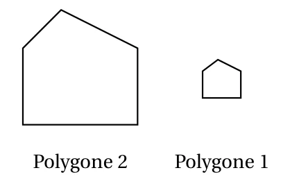 Deux polygones en forme de maison, un grand polygone 2 et un petit polygone 1, de même forme