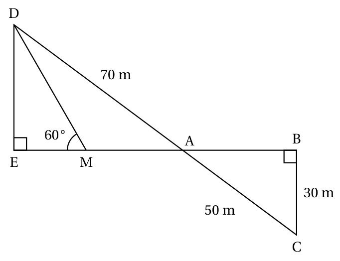 Figure avec les points D, E, M, A, B, C : triangle ADE rectangle en E, triangle ABC rectangle en B, DA = 70 m, AC = 50 m, BC = 30 m et angle DME de 60°