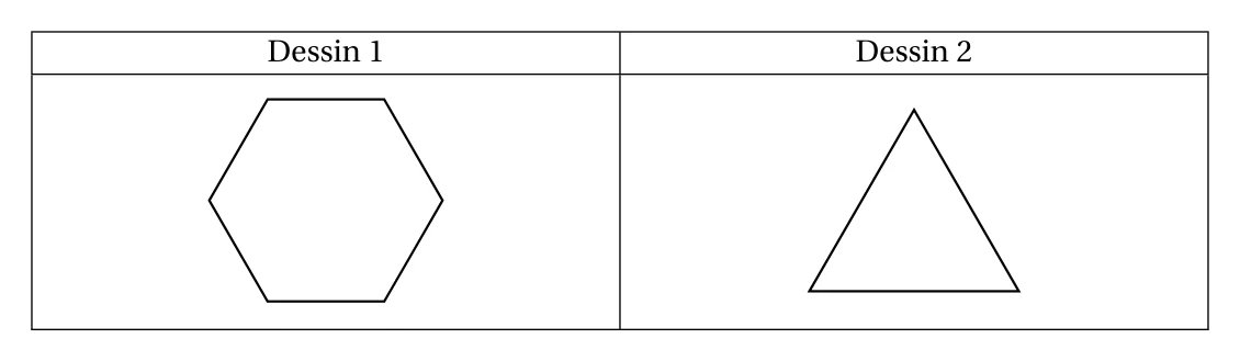 Dessin 1 : un hexagone régulier. Dessin 2 : un triangle équilatéral