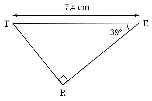 Triangle TER rectangle en R avec TE = 7,4 cm et un angle de 39 degrés en E