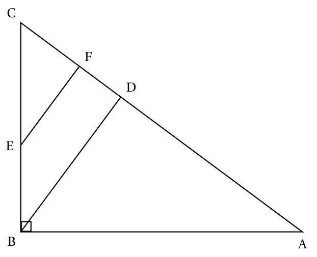 Triangle ABC rectangle en B, avec E sur le segment BC, D et F sur l'hypoténuse AC (F plus près de C) et les segments parallèles BD et EF