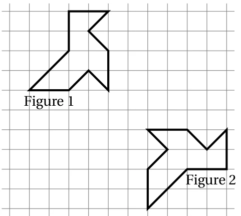 Quadrillage avec la figure 1 en haut à gauche et la figure 2 en bas à droite, deux polygones en forme d'oiseau stylisé