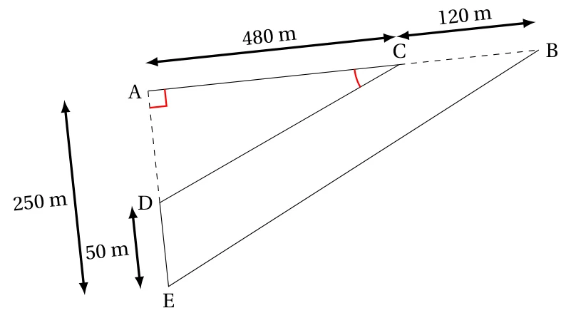 Parcours ACDEB : A, C, B alignés avec AC = 480 m et CB = 120 m, A, D, E alignés avec AE = 250 m et DE = 50 m, angle droit en A du triangle ADC