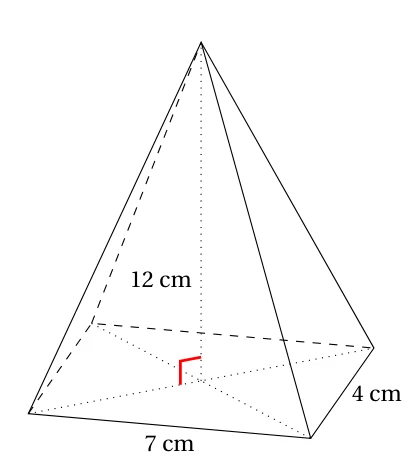 Pyramide à base rectangulaire de côtés 7 cm et 4 cm, de hauteur 12 cm