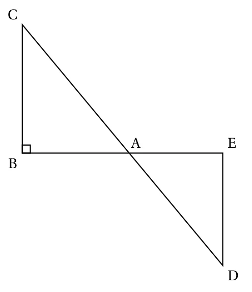 Figure : les points B, A, E alignés et C, A, D alignés ; triangle ABC rectangle en B (C au-dessus) et triangle AED (D en dessous de E)