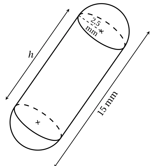 Gélule formée d'un cylindre de hauteur h et de deux demi-boules de rayon 2,5 mm, de longueur totale 15 mm