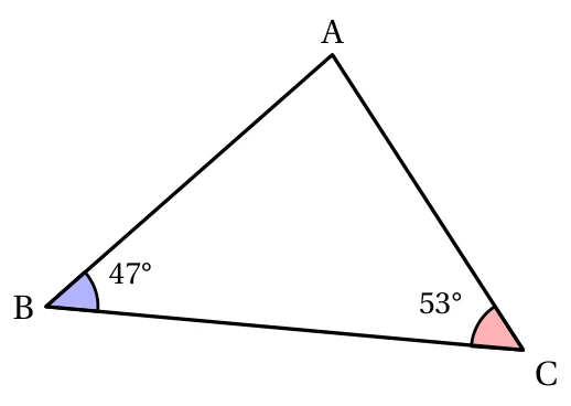 Triangle ABC avec un angle de 47° en B et un angle de 53° en C
