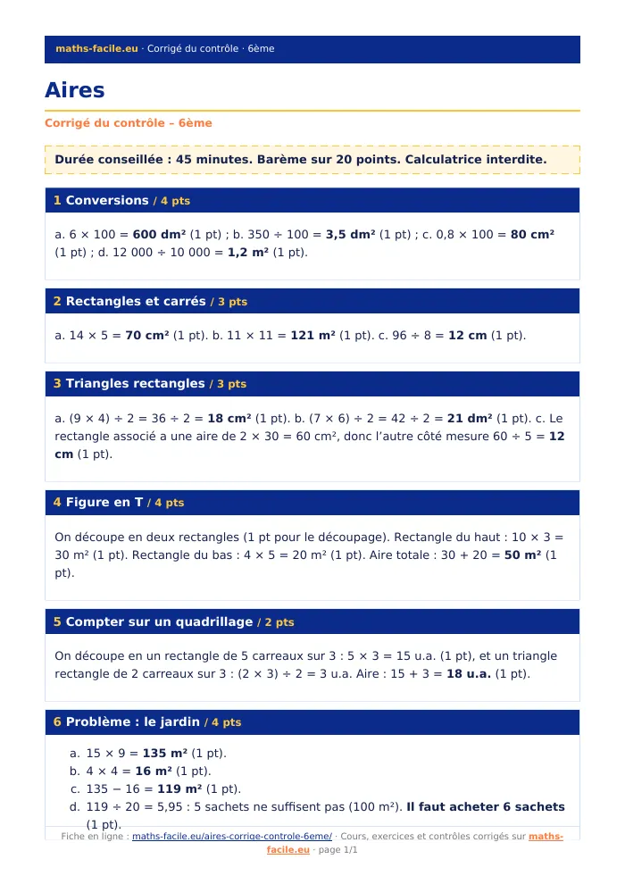 Fiche PDF : Aires (6ème)